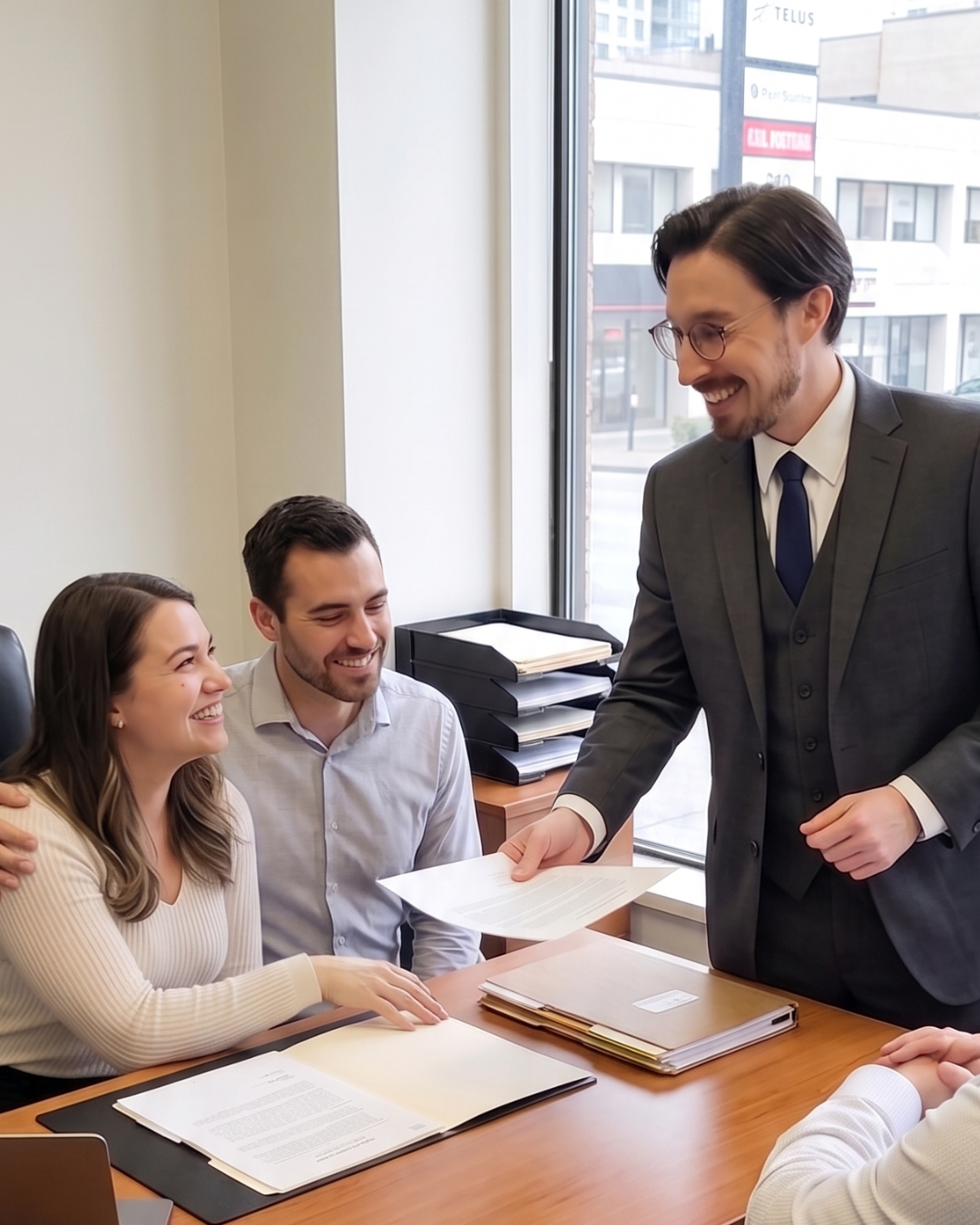 Mathais Sarrazin reviewing documents with clients at the Freedom Family Law office