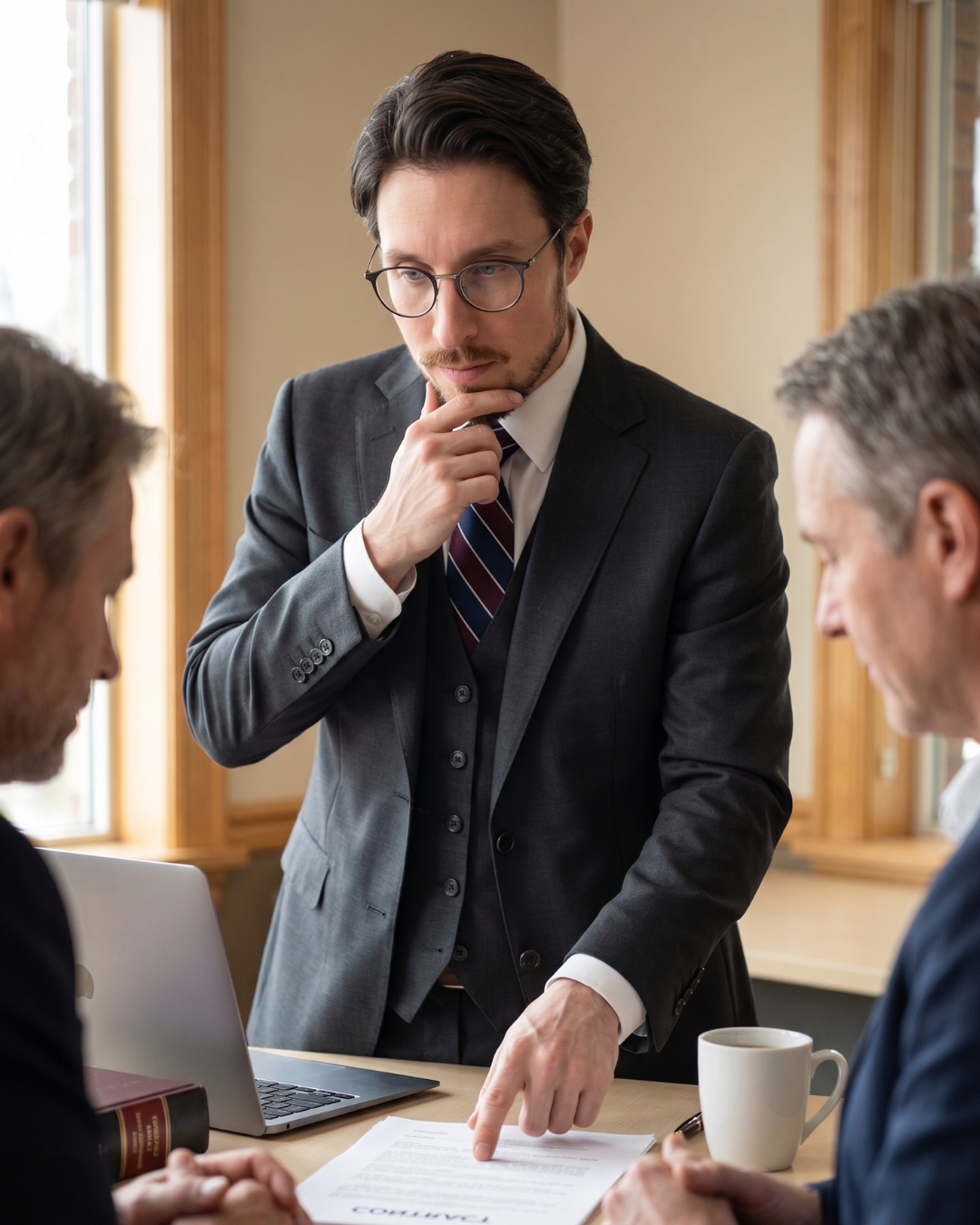 Mathais Sarrazin reviewing a contract with two clients at the Freedom Family Law office